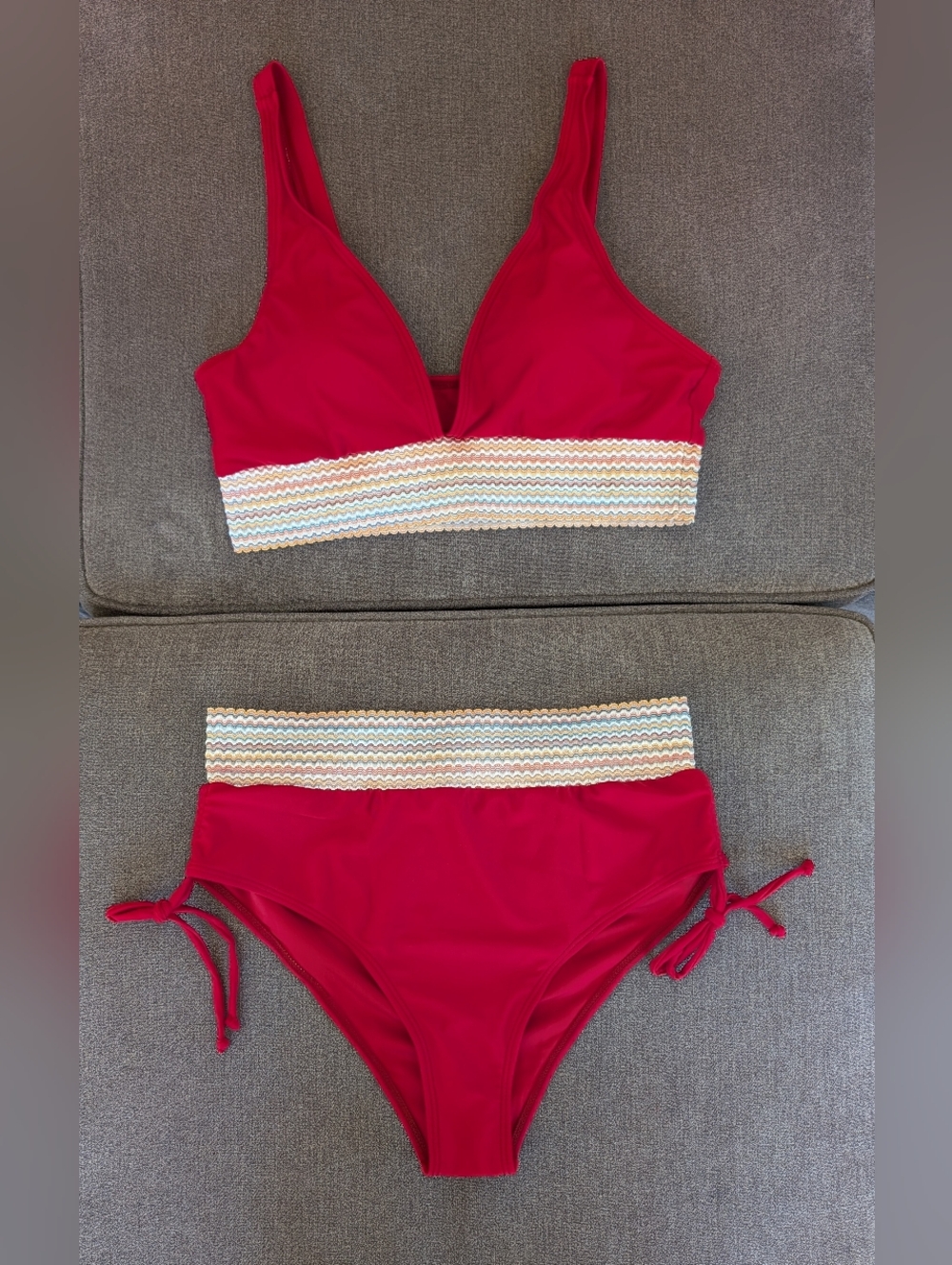 Red Two-Piece Bikini with Multicolor Wavy Waistband